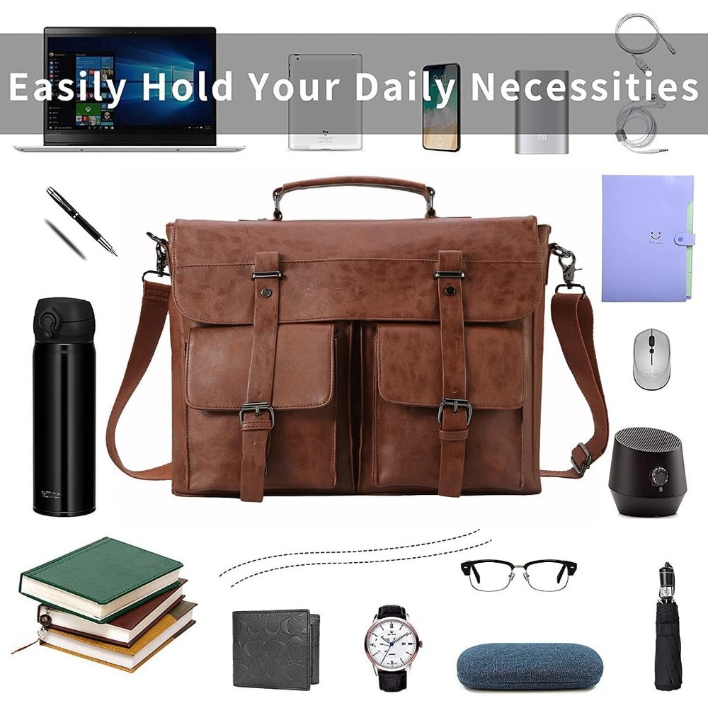 PU Leather Messenger Bag for Men, Vintage Leather Laptop Bag, 17.3 Inch - Picture 6 of 6